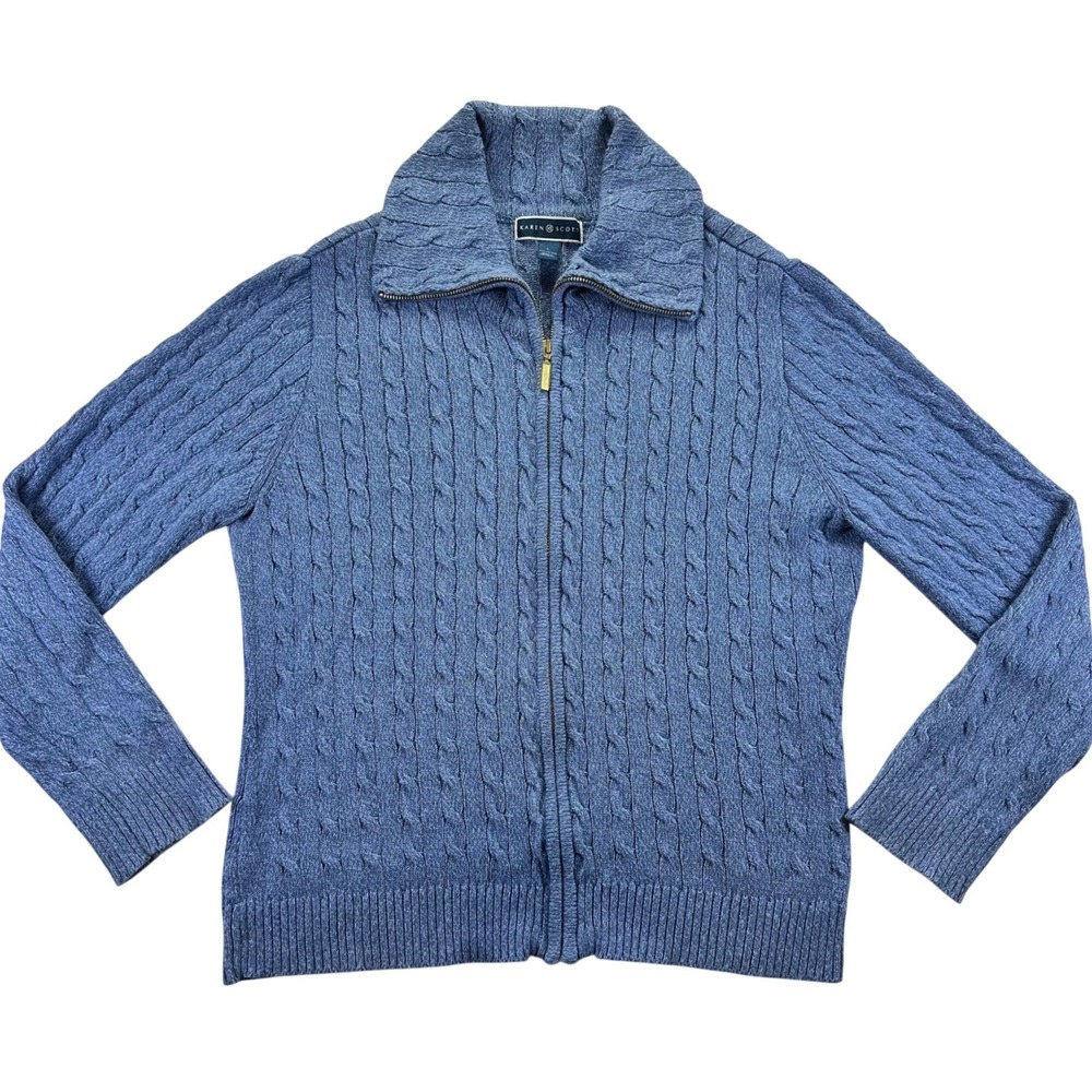 Karen Scott Women Blue Cable Knit Full Zip Cotton Sweater Mock Neck Large Cotton
